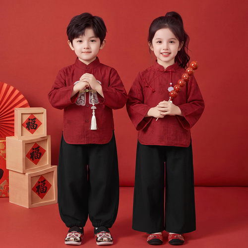 儿童新中式国风喜庆唐装汉服男女童姐弟生日礼幼儿园国庆表演班服