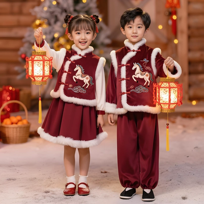 儿童马年元旦文艺汇演男女童舞蹈表演班服姐弟兄妹国风唐装拜年服