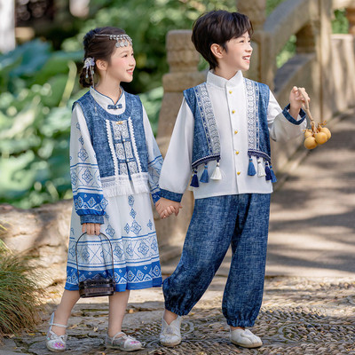儿童云南大理旅游扎染裙子春秋款兄妹姐弟装日常加绒汉服元旦表演