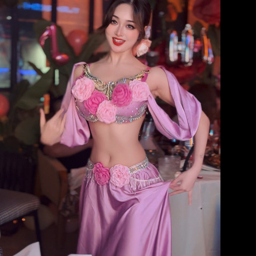 佐寒梦璐肚皮舞新款高级演出套装显瘦表演服性感气质班服长裙紫色