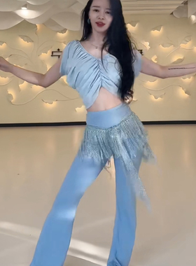 佐寒梦璐肚皮舞新款高级演出套装显瘦表演服性感气质班服蓝色裤子