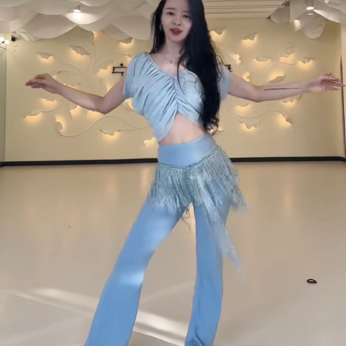 佐寒梦璐肚皮舞新款高级演出套装显瘦表演服性感气质班服蓝色裤子