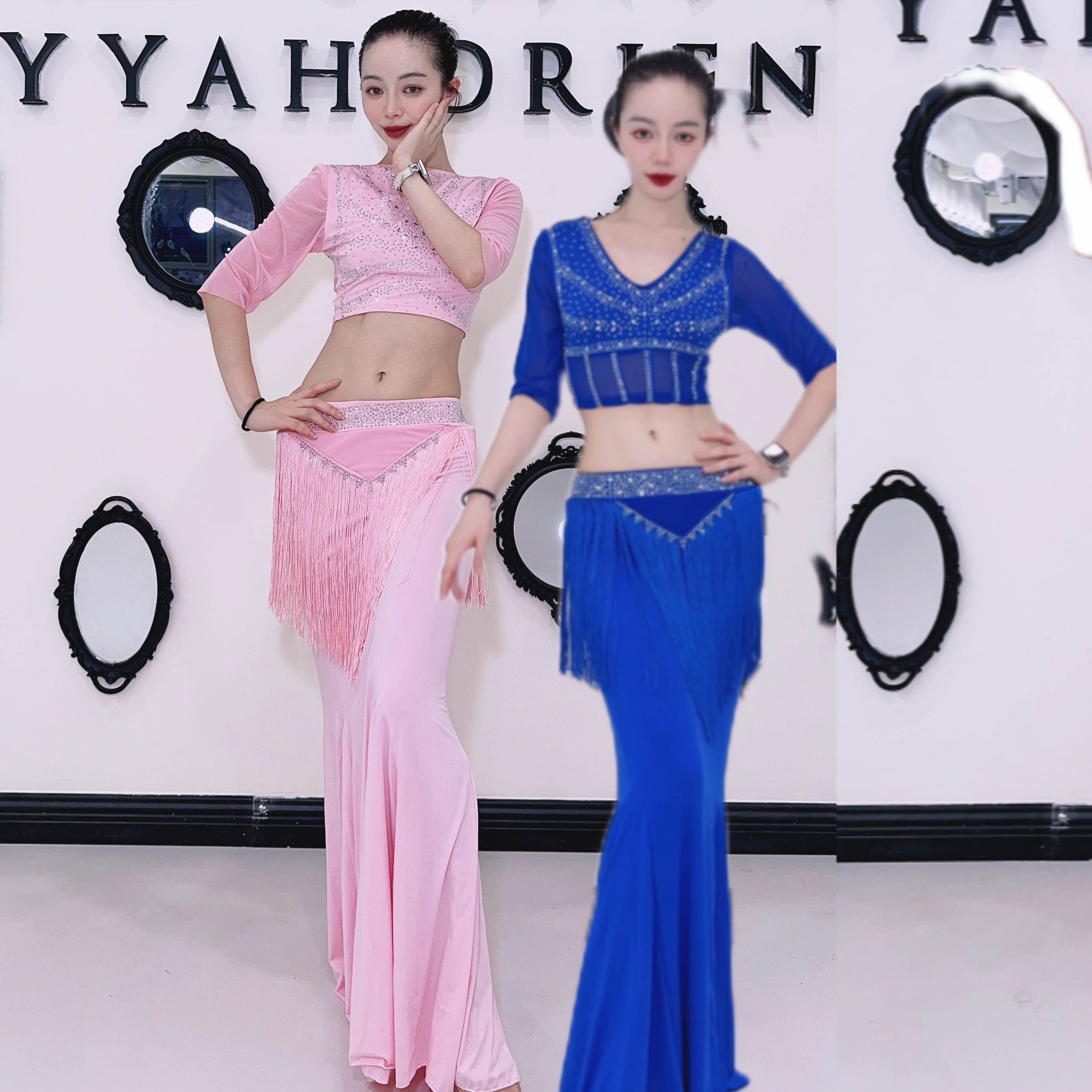 佐寒梦璐肚皮舞服饰烫钻流苏鱼尾裙演出服团服大码宁佐寒同款