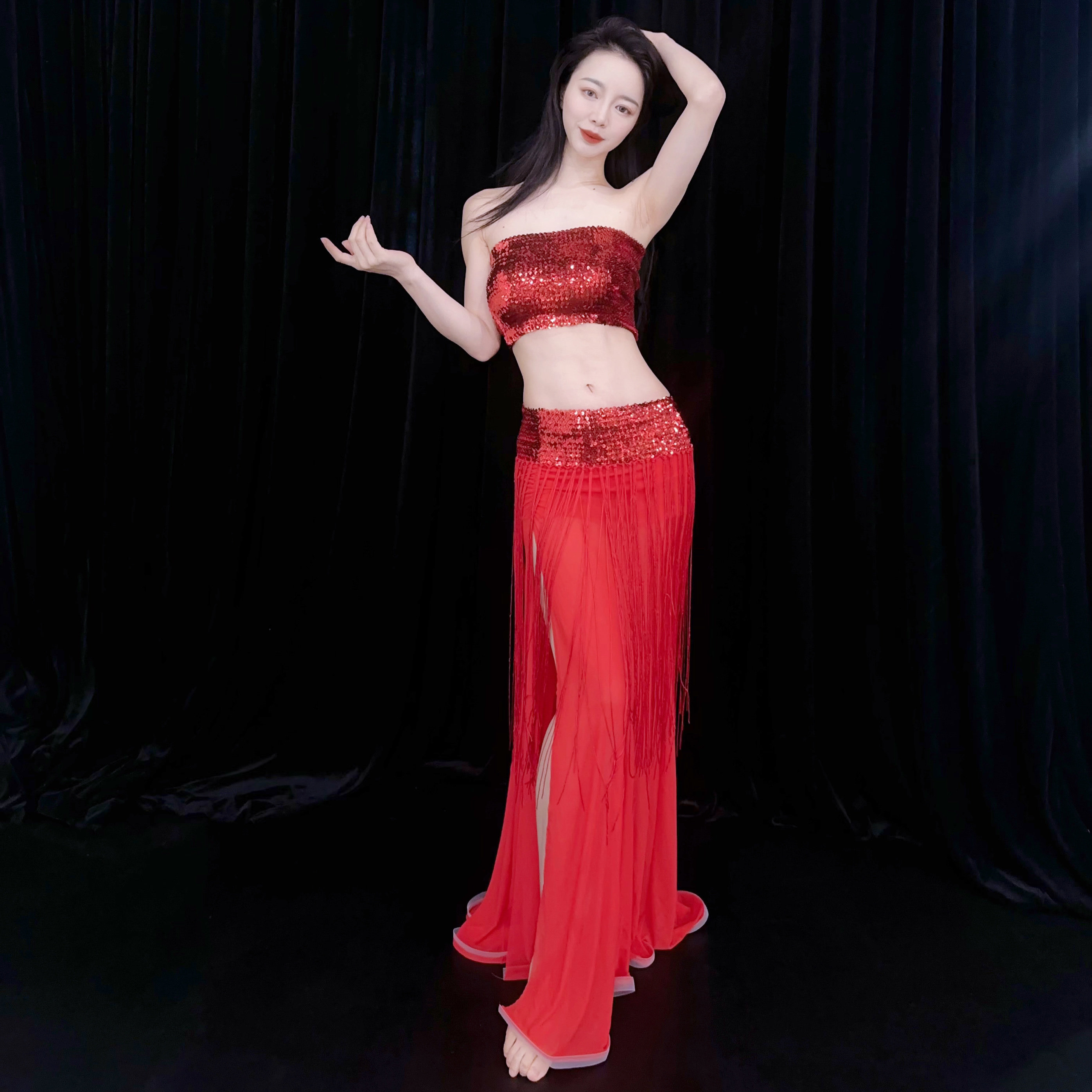 佐寒梦璐2024新款春夏季网纱练功服显白红色开叉裙套装班服演出服