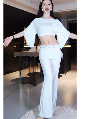 佐寒梦璐肚皮舞新款高级演出套装显瘦表演服性感气质班服蓝色裤子