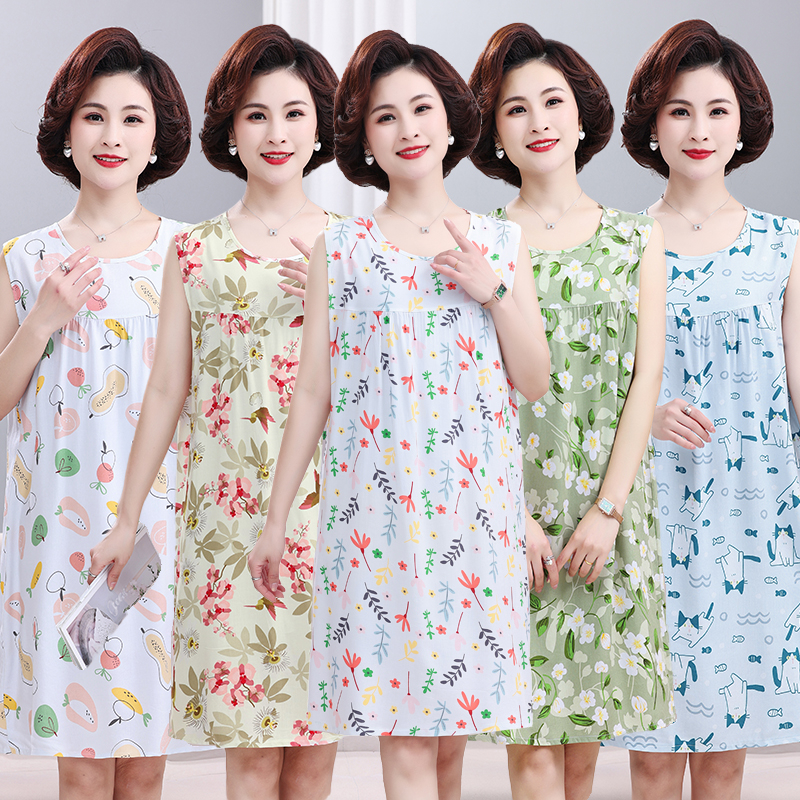 人造棉睡裙女款夏季薄款无袖背心连衣裙妈妈棉绸睡衣女大码家居服