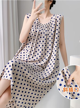 夏季棉绸带口袋大码无袖睡裙