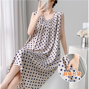 带口袋棉绸睡裙女士夏季新款无袖大码人造棉连衣裙洋气家居服睡衣