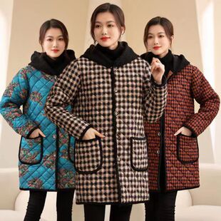 妈妈花棉袄女冬季新款大码中长款罩衣工作服中老年人加绒保暖外套