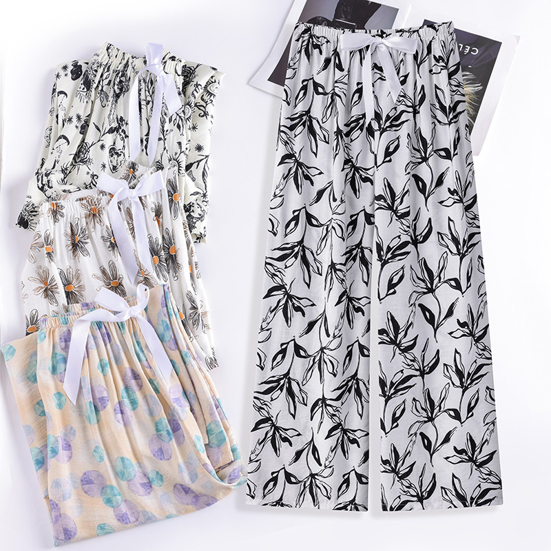竹节棉睡裤女士夏季薄款植物花卉印花睡裤高腰阔腿长裤防蚊家居裤