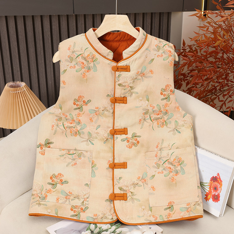 新中式盘扣棉花马甲女款2025新款外穿加厚纯棉牛仔布国风坎肩背心