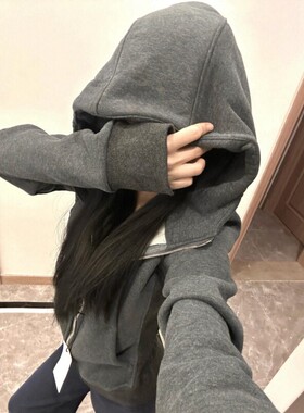 灰色修身卫衣外套女秋冬季加绒运动上衣收腰拉炼 炼 连帽lulu dol