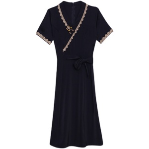 RM7371#新款复古醋酸旗袍改良版V领收腰显瘦气质大裙摆连衣裙