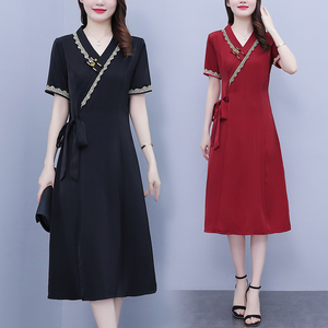 RM7371#新款复古醋酸旗袍改良版V领收腰显瘦气质大裙摆连衣裙