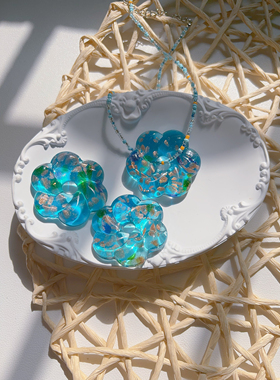 花珀爆闪空心花琉璃项链琉璃吊坠蓝色项链中古彩色串珠项链手作品