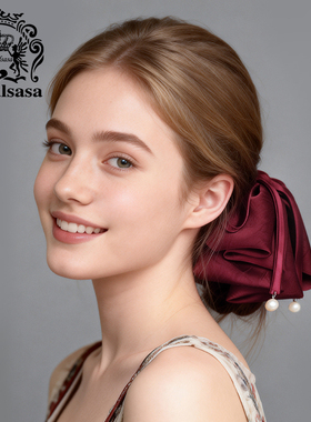 皇家莎莎纯色缎面发抓蝴蝶结流苏抓夹新年红色高级感马尾夹半扎发