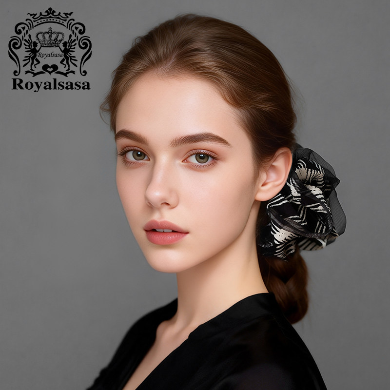 皇家莎莎复古黑白格纹发圈水钻纱边大肠圈扎马尾丸子头百搭头花女