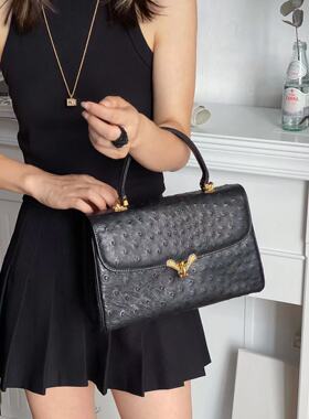 【已售欣赏】日本JRA认证黑金鸵鸟皮邮差包