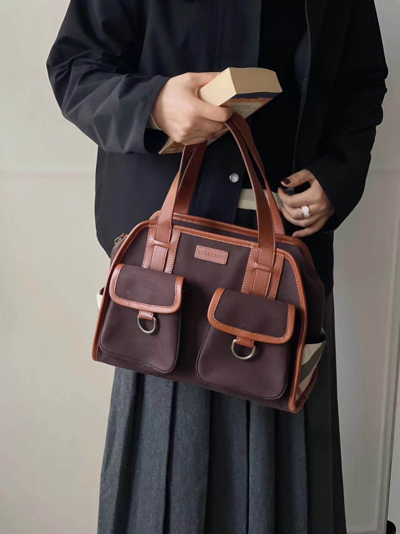 B巴帆布拼皮双口袋手提包