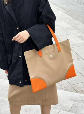 P普Vintage帆布拼皮横版tote