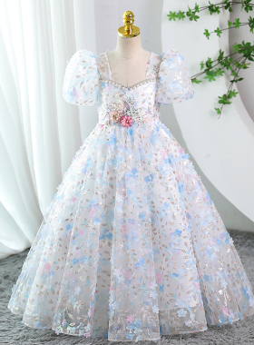 女童礼服轻奢小众蓝色花朵公主裙儿童生日花童婚纱高级感演出服春