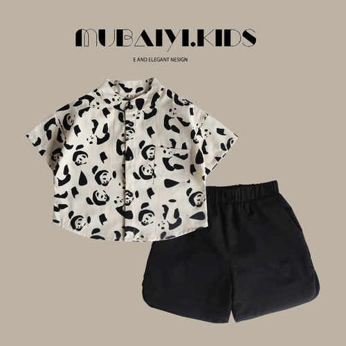 男童宝宝短袖衬衫卡通熊猫图案