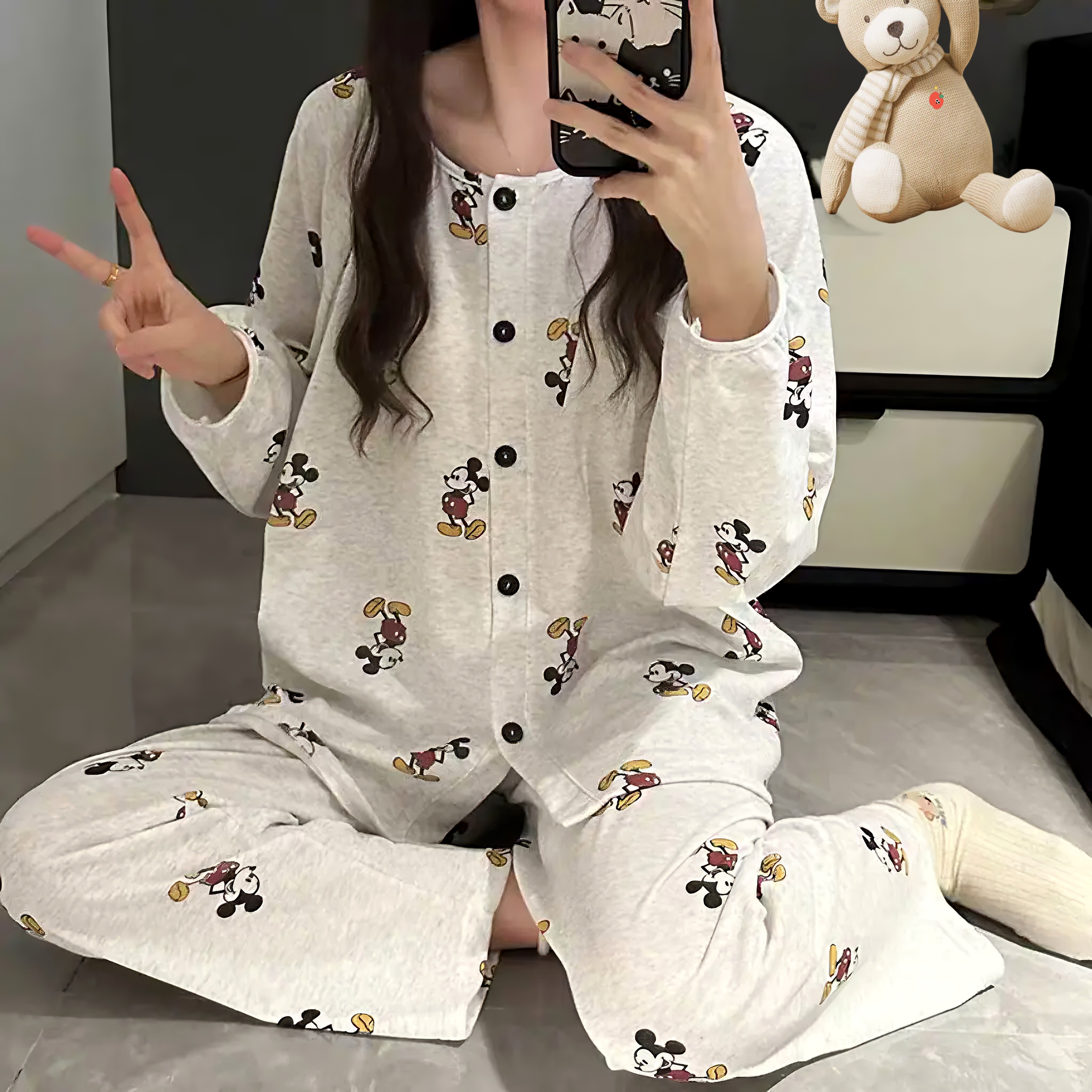 新款卡通日系纯棉睡衣女春秋开衫韩版长袖长裤两件套家居服套装