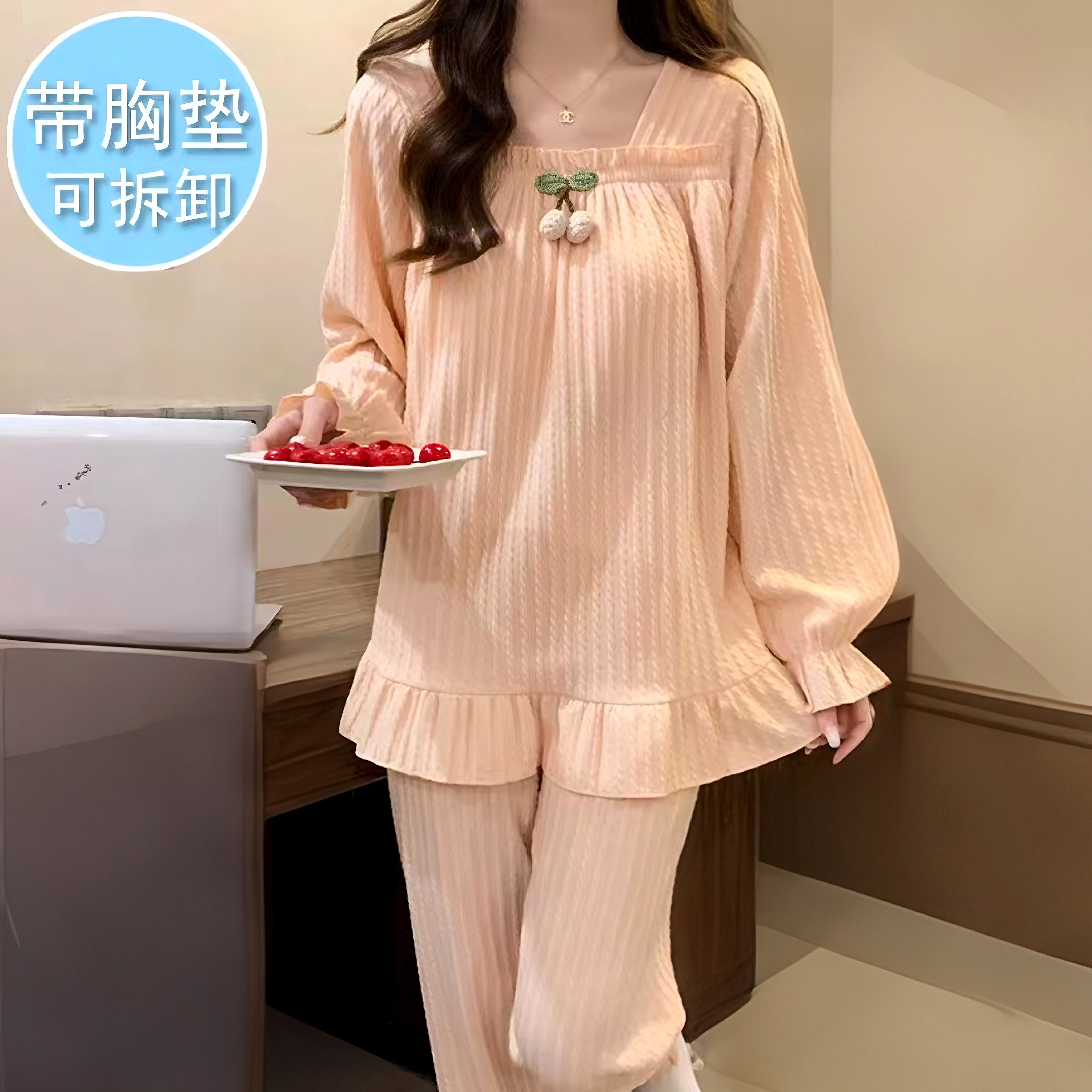 提花棉质睡衣女带胸垫春秋公主风长袖大码胖mm家居服两件套套装