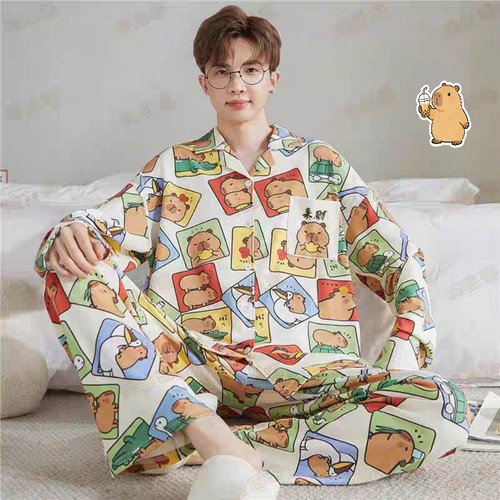 春秋季男生薄款纯棉长袖睡衣2026新款卡皮巴拉男款宽松家居服套装