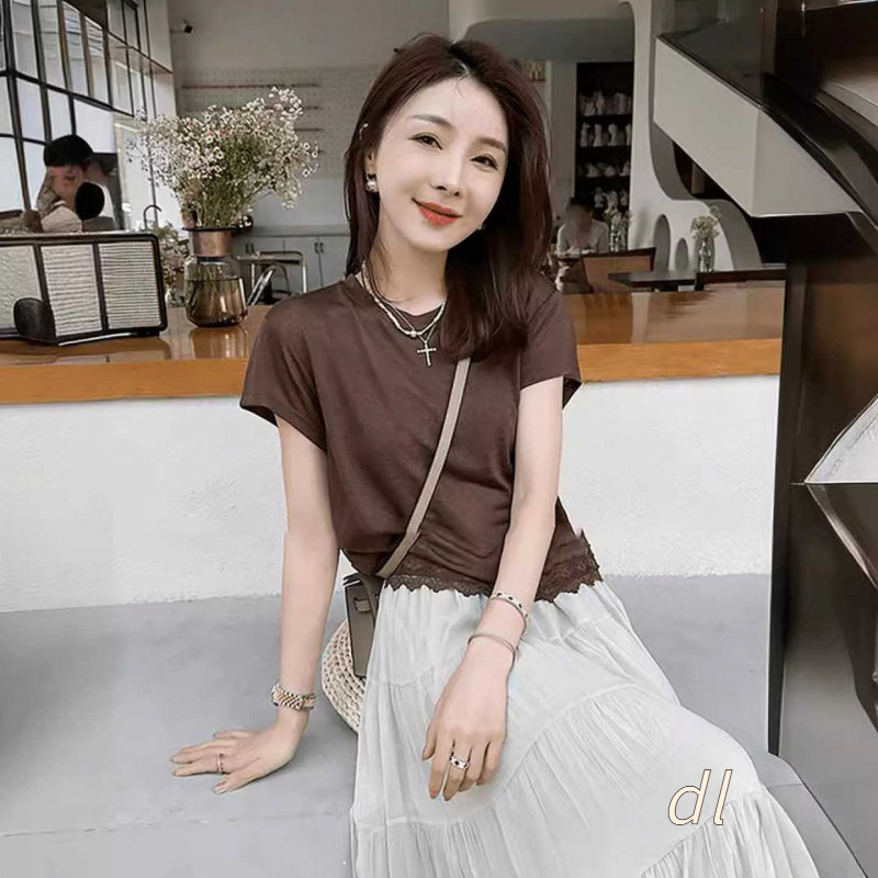 不规则拼接蕾丝正肩短袖t恤女202