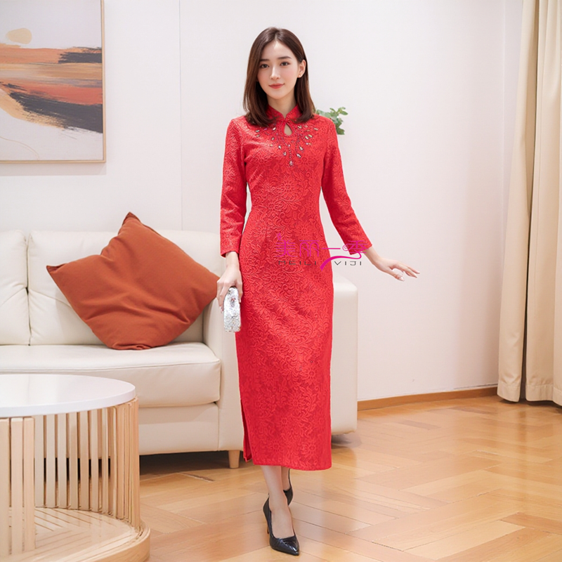 红色新款优雅冬季婚礼婚宴装敬酒礼服2024秋冬长袖长款旗袍连衣裙