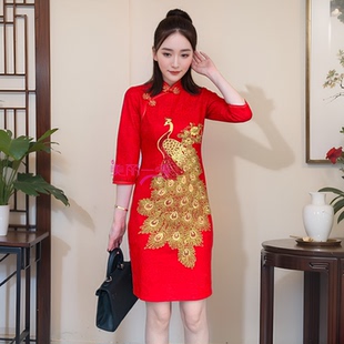 敬酒服新娘装长款旗袍结婚礼服女大红色演出服聚会庆典礼仪连衣裙