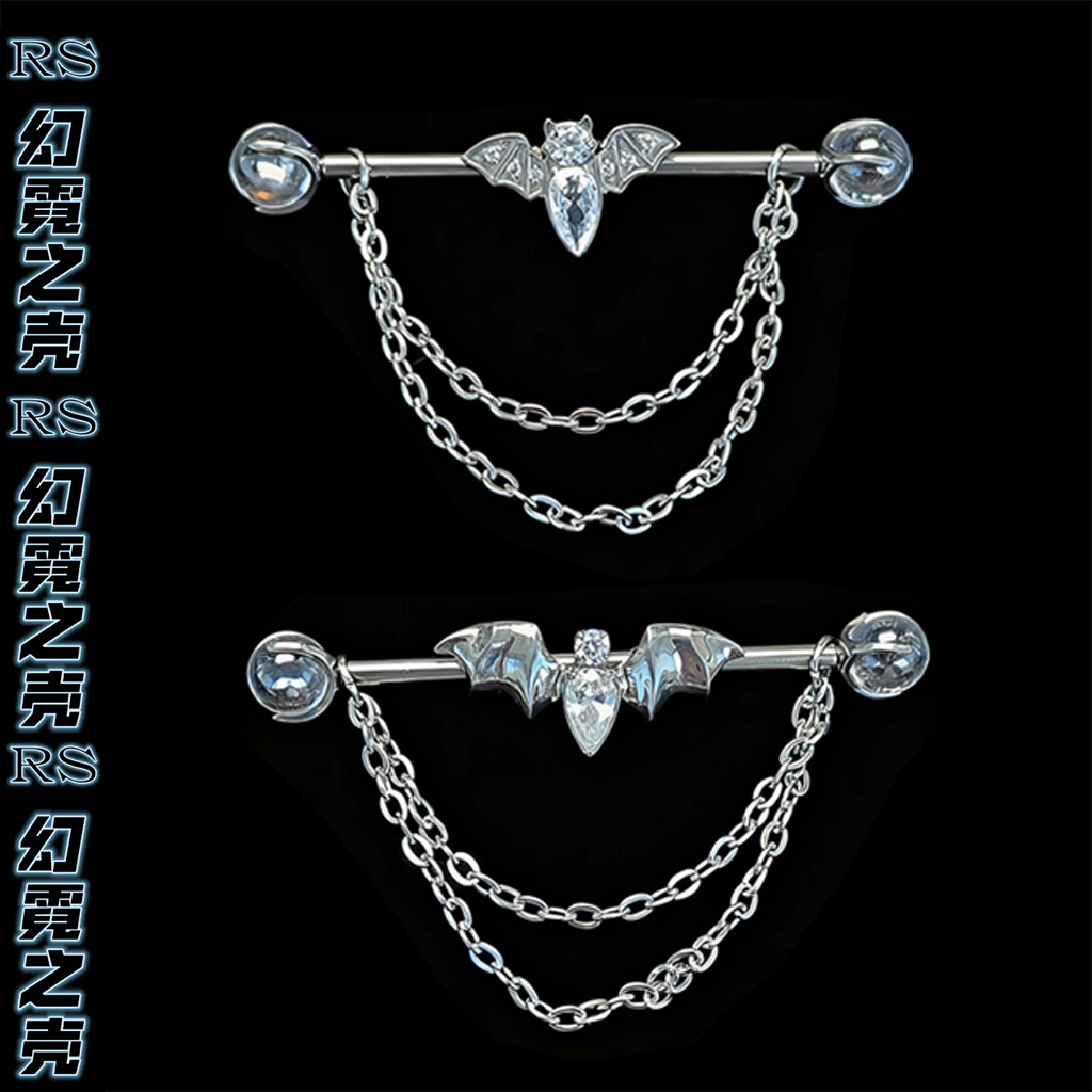 F136钛合金精雕镶钻蝙蝠耳桥钉链条可拆卸穿孔饰品