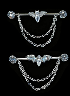 F136钛合金精雕镶钻蝙蝠耳桥钉链条可拆卸穿孔饰品