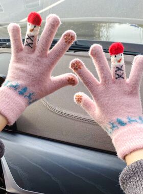 毛线手套女冬季ins卡通雪人针织可触屏保暖骑行开车手套加厚加绒