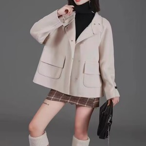 2023秋冬新款欧货时尚羊毛呢短款外套女休闲宽松立领双面毛呢大衣