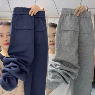 加绒加厚直筒裤卫裤女冬季新款宽松显瘦哈伦裤高腰休闲小脚运动裤
