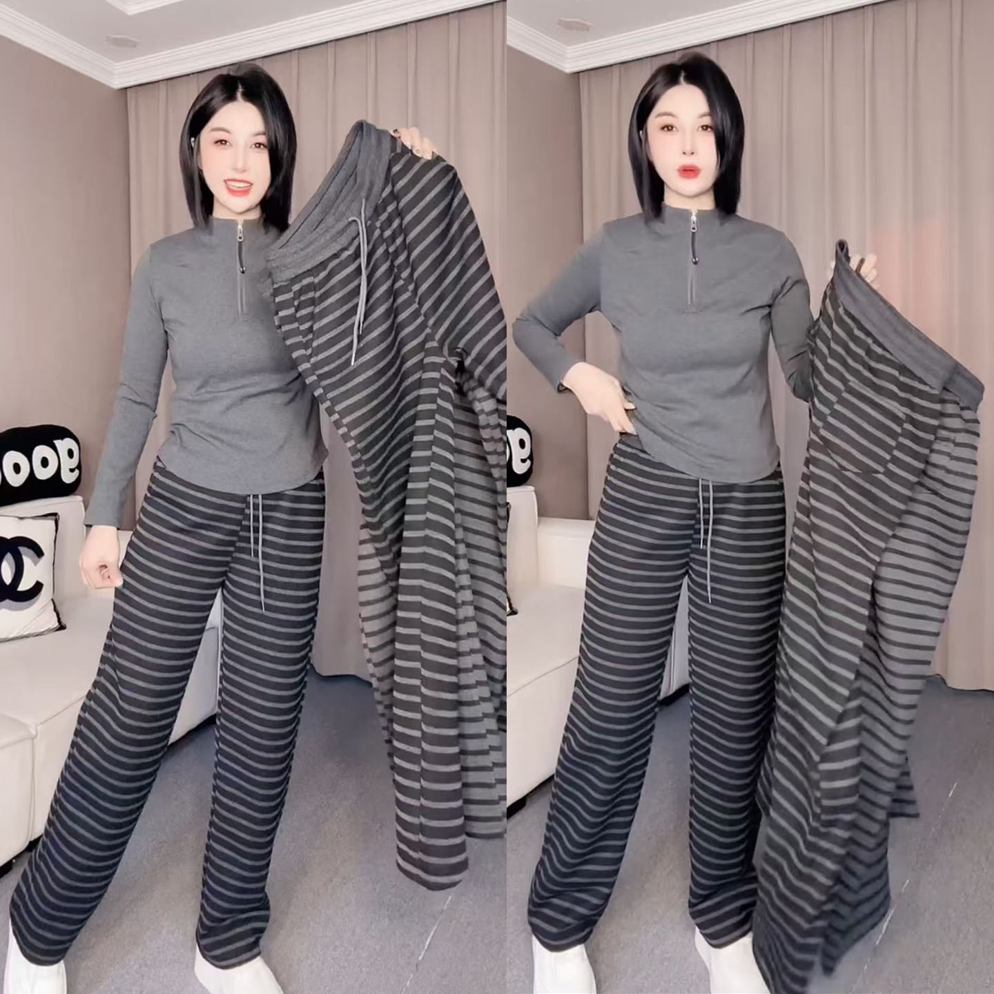 欧货条纹加绒直筒休闲裤