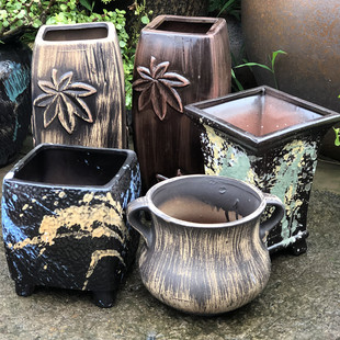 复古创意方口花盆粗陶紫砂多肉盆绿植盆陶瓷多肉老庄盆韩式 大盆