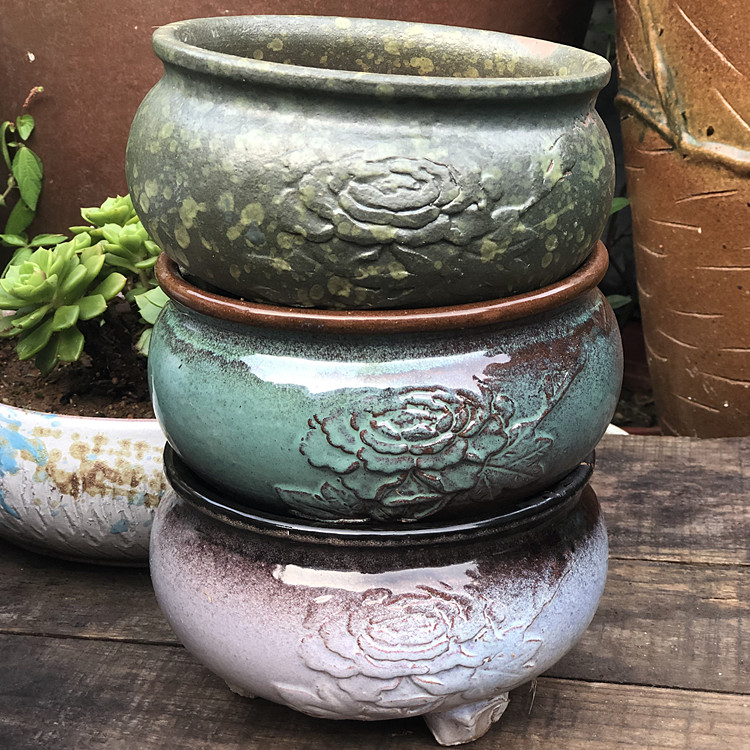 手工粗陶陶罐带脚多肉花盆陶瓷复古紫砂多肉植物绿植盆乌木大花盆
