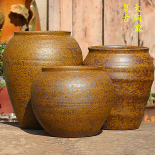 复古透气粗陶花盆民宿酒店陶盆高筒老桩多肉花盆室内装 饰旧坛子大