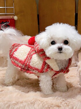 新年衣服喜庆红色条纹毛呢披风加绒斗篷猫咪拜年服小型犬泰迪狗狗