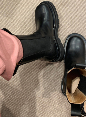 MONA同款马丁靴25秋冬新款短靴圆头切厚底尔西靴粗跟中筒机车靴女