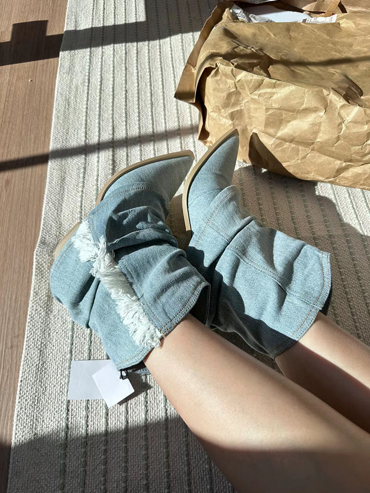 EUROPEAN AND AMERICAN TASSEL WESTERN COWBOY BOOTS WOMENS 2024 NEW POINTED TOE BLOCK HEEL RETRO TROUSER BOOTS SLEEVE BOOTIE KNIGHT BOOTS