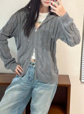 a*t【现货】多色羊毛绞花松软连帽复古文艺毛织外套 冬新款毛衣女