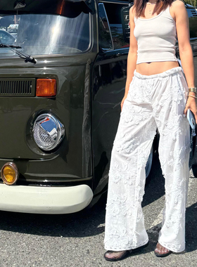 【正确版】新款法式梅丁同款棉立体花瓣刺绣蕾丝花边阔腿长裤女潮