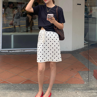 法式 RA波点抽绳midi半身裙杏底波点新款 百搭显瘦包臀裙子 现货