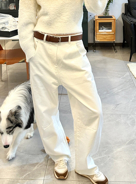 复古镰刀型阔腿牛仔裤trou同款梨形神裤宽松显瘦白色拖地香蕉裤女