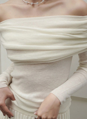 swaying薄款针织衫上衣打底女修身显瘦长袖温柔纯欲风一字肩毛衣