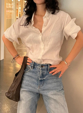 【现货】THE SHY002RELAX 手工卷袖短袖衬衫(亚麻)排口翻领上衣女